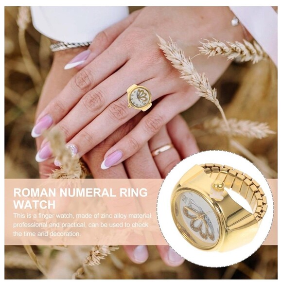 Ring Watch: Butterfly Shape, Gold Round Quartz Vintage Ring Watch - Unisex - Picture 2 of 8